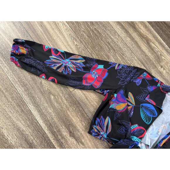 IMAN CASUAL BLACK FLORAL TIE FRONT CROPPED TOP LONG SLEEVE COLLARED WOMENS XLP - Picture 3 of 9